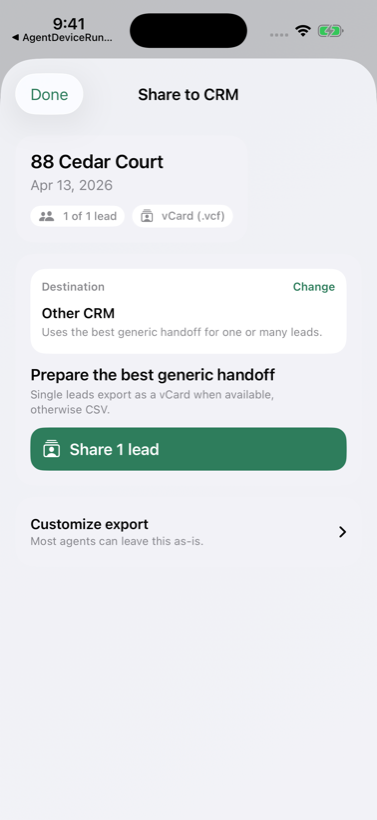 OpenHouse Pro Share to CRM screen on iPhone
