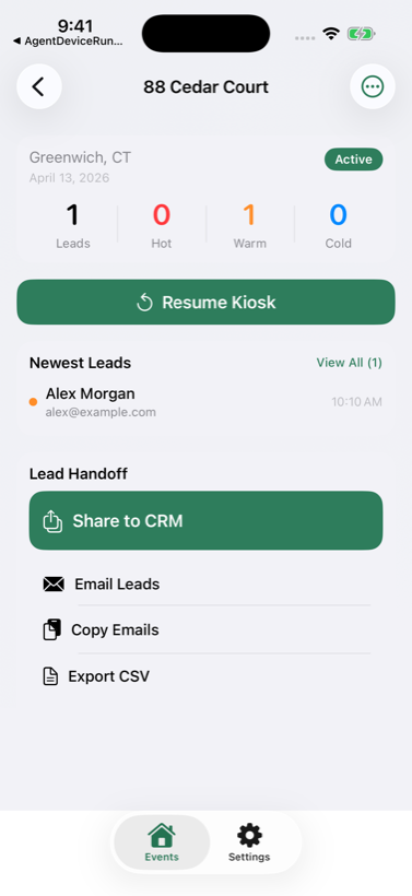 OpenHouse Pro iPhone dashboard with live lead handoff options
