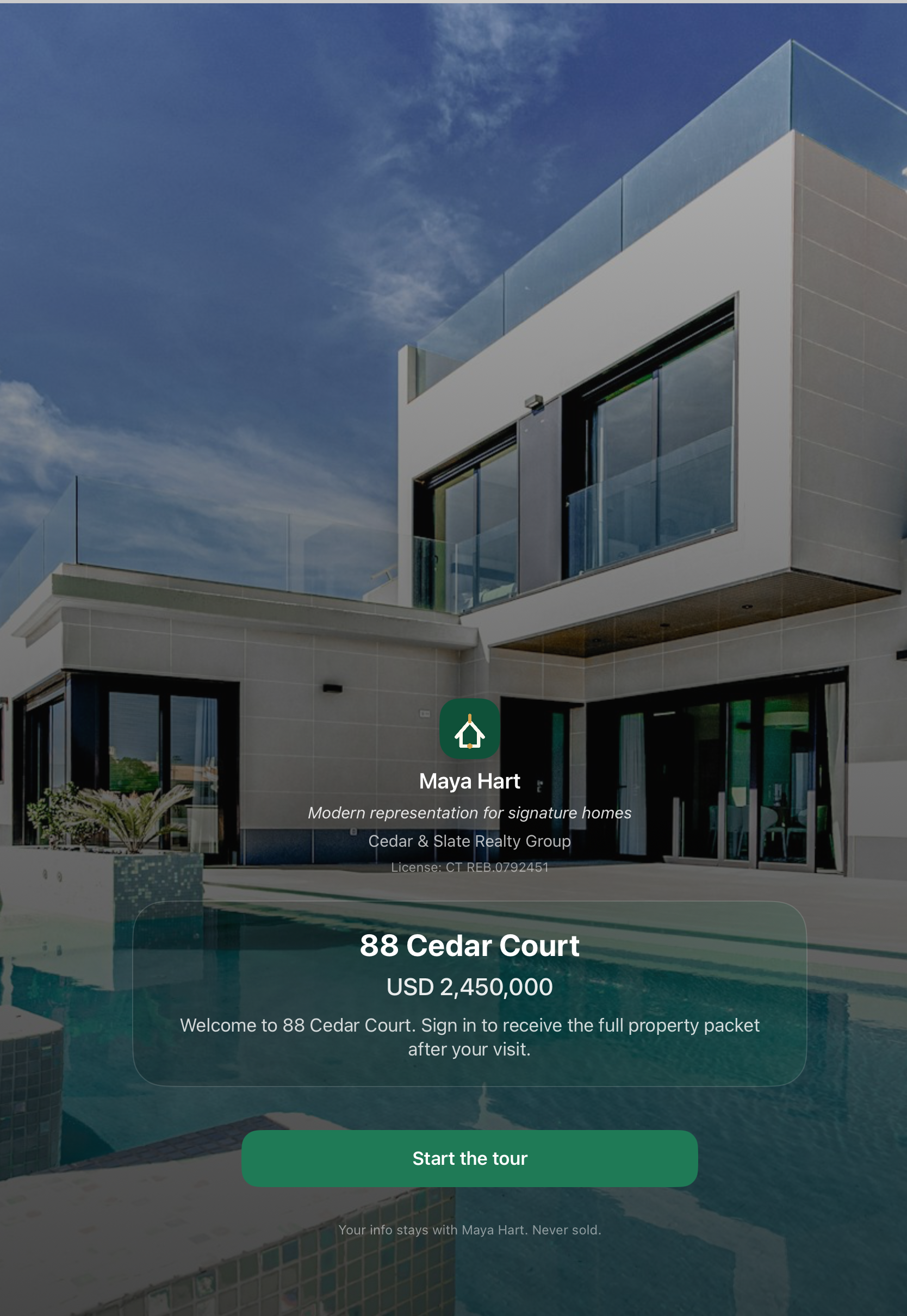 OpenHouse Pro iPad kiosk branded for 88 Cedar Court