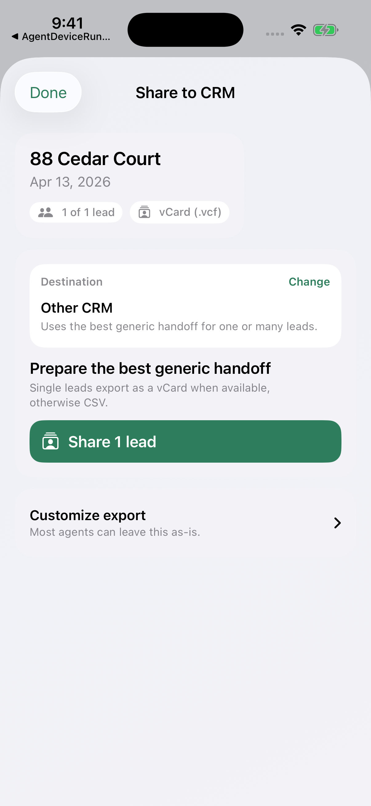 OpenHouse Pro Share to CRM screen on iPhone