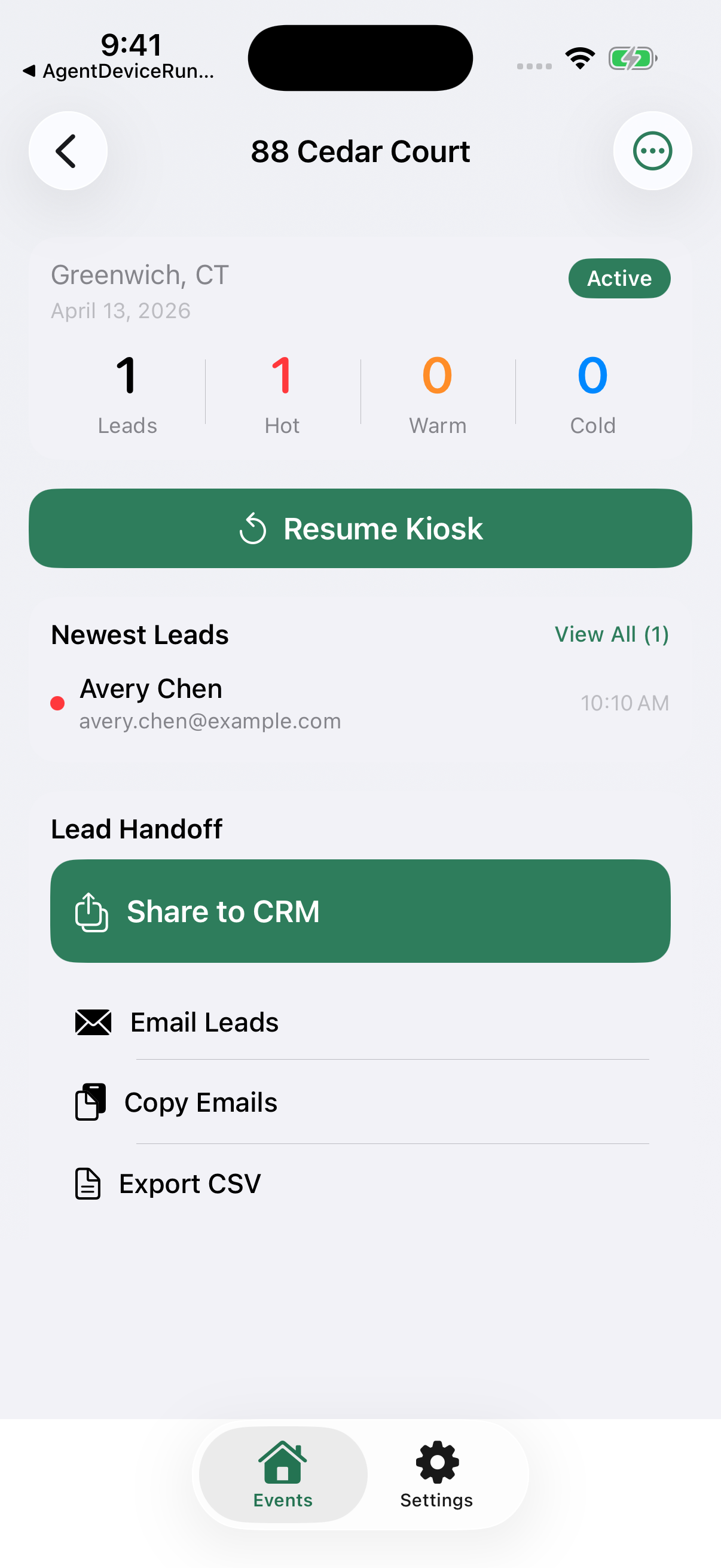 OpenHouse Pro iPhone dashboard with live lead handoff options