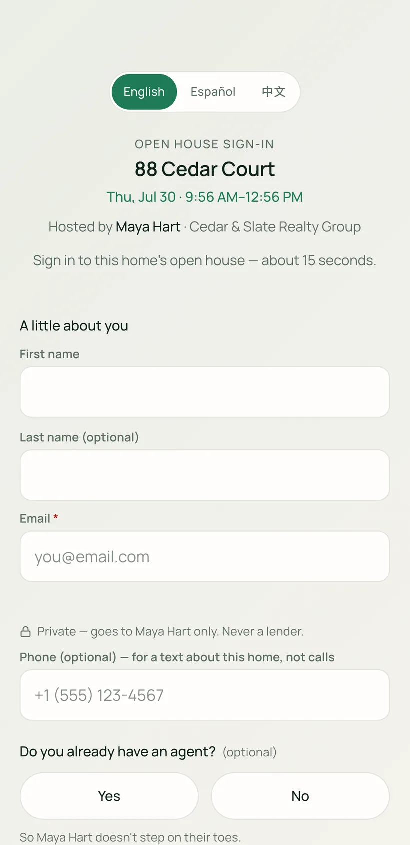 Open house QR self-sign-in page for 88 Cedar Court on a visitor's phone, branded to the agent with name, email, and buyer questions